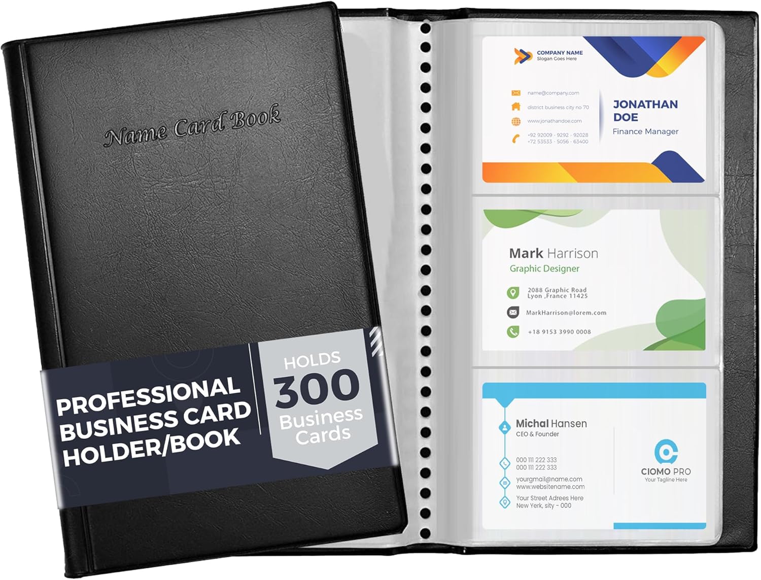 Professional Business Card Holder/Book with Black Cover, Holds 300 Business Cards