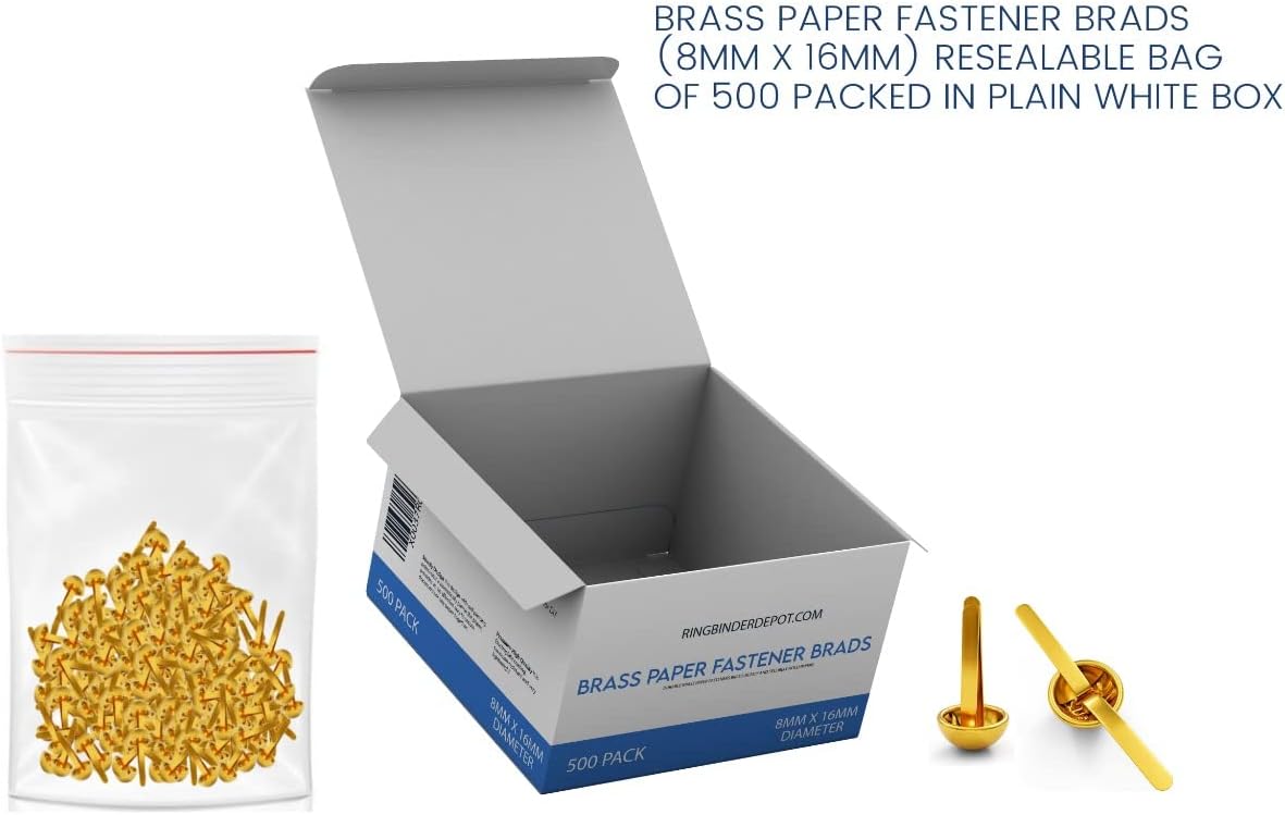 Performore 500 Pcs of 8mm x 16mm Brass Round Head Fastener, Brads for Arts and Crafts, Scrapbooking, Decorating and DIY Uses, Flexible Premium Size and Quality
