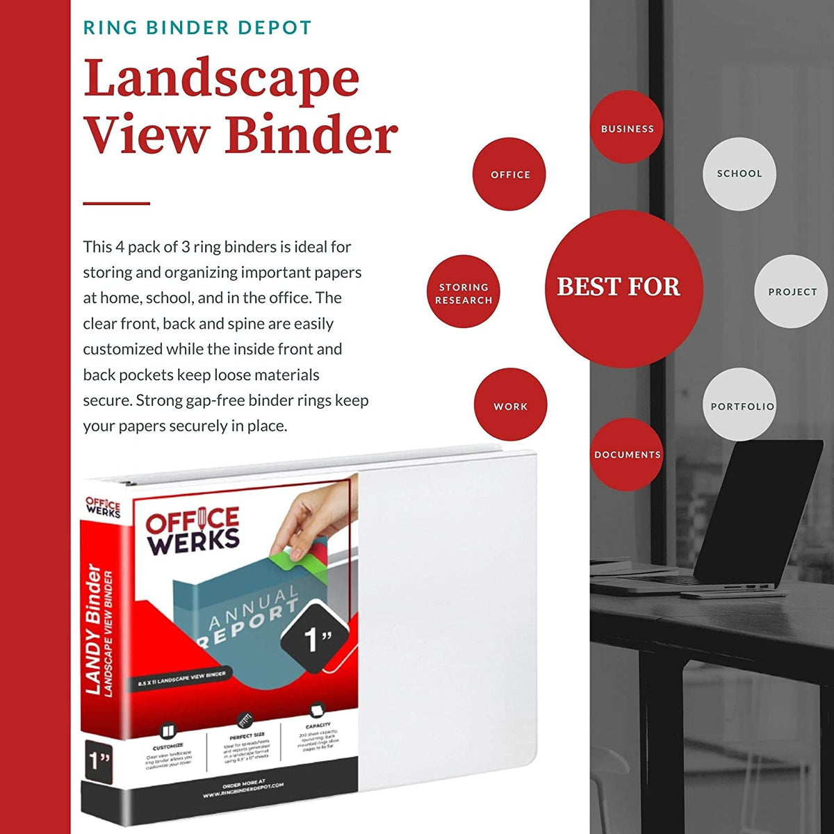 Landscape View Binder, 8.5" X 11", 1 Inch Round Ring, Back Mount, White - Pack of 1