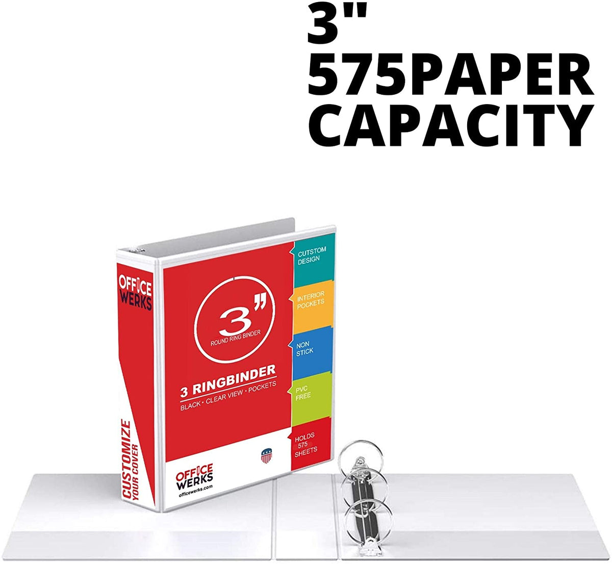 3 Ring Binder, 3" Round Rings, White, Clear View, Pockets