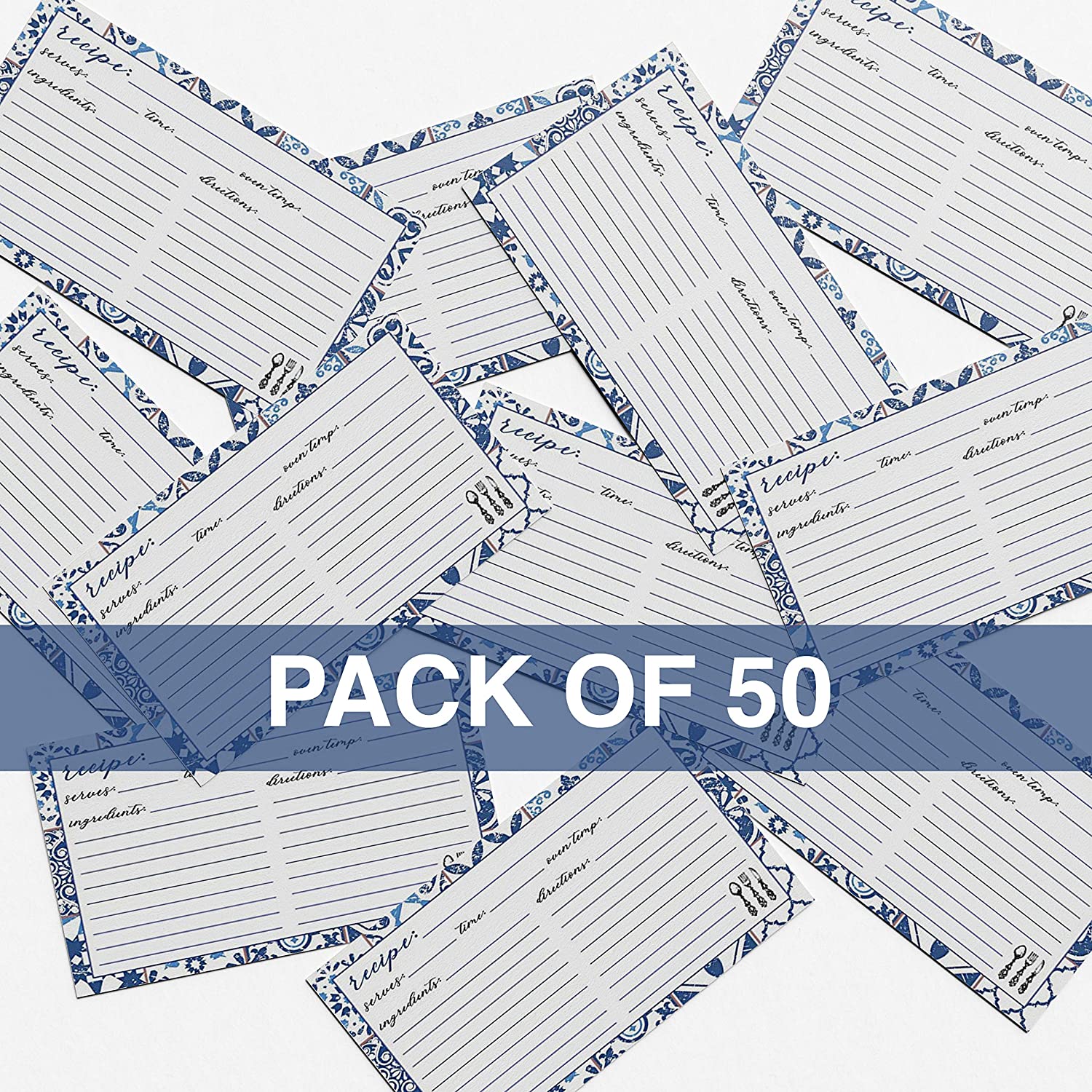 Blue and White Recipe Cards - Pack of 50