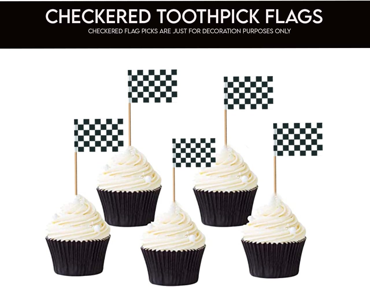 Performore 100 Pack of Checkered Racing Flag Toothpicks, Mini Topper Flags for Cupcakes, Decoration Supplies for Birthday Party, Appetizers Dinners Occasions