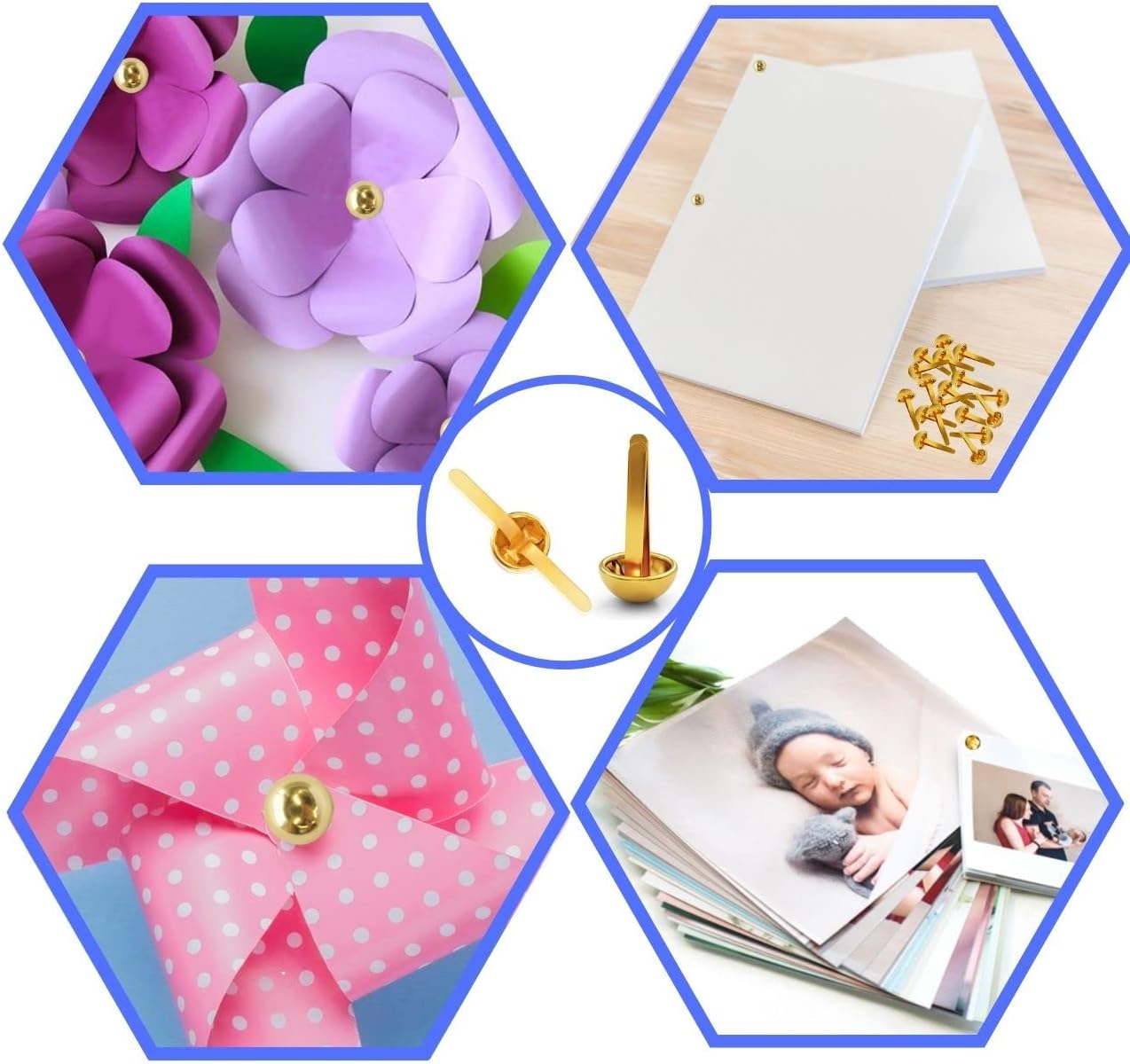 Performore 500 Pcs of 8mm x 16mm Brass Round Head Fastener, Brads for Arts and Crafts, Scrapbooking, Decorating and DIY Uses, Flexible Premium Size and Quality
