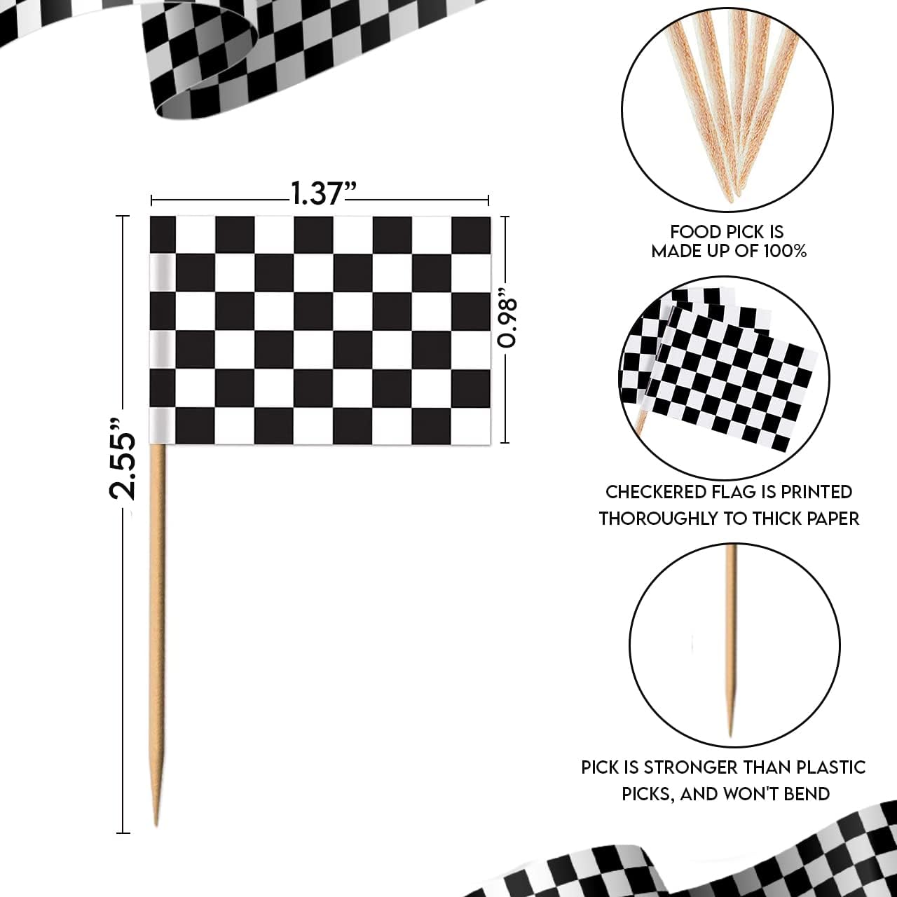 Performore 100 Pack of Checkered Racing Flag Toothpicks, Mini Topper Flags for Cupcakes, Decoration Supplies for Birthday Party, Appetizers Dinners Occasions