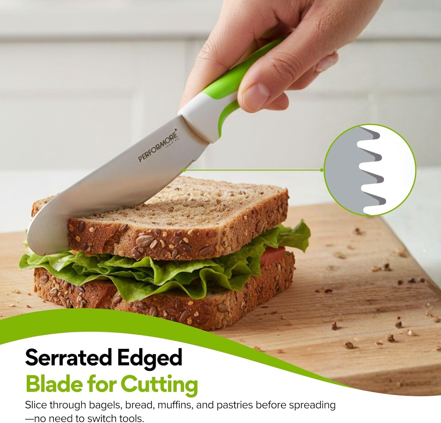 Performore Sandwich Knife – 4" Stainless Steel Blade, 1.5" Wide, 1.2mm Thick – Serrated Kitchen Knife for Sandwiches, Spreading & Slicing – Durable Bread, Bagel & Deli Knife