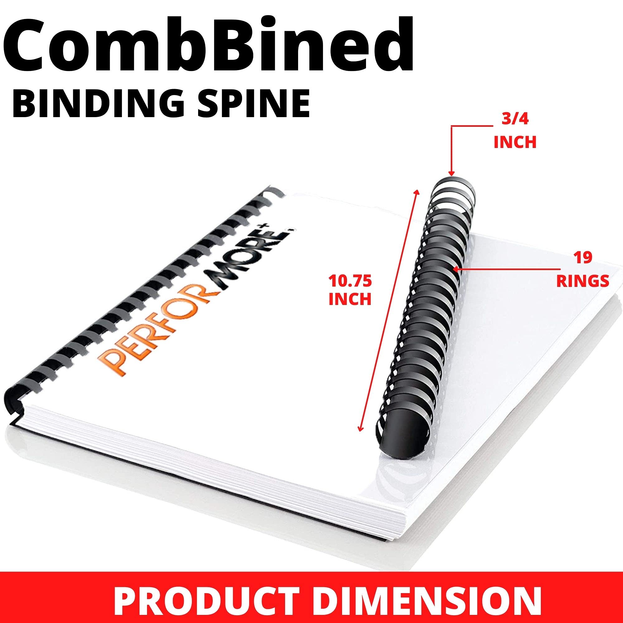 PERFORMORE Binding Combs - 100 Pack, 3/4" Diameter, 10.75" Overall Length, Black Plastic Binding Spines, 19 Rings, 150 Sheet Capacity - Ideal for Business, School & Office