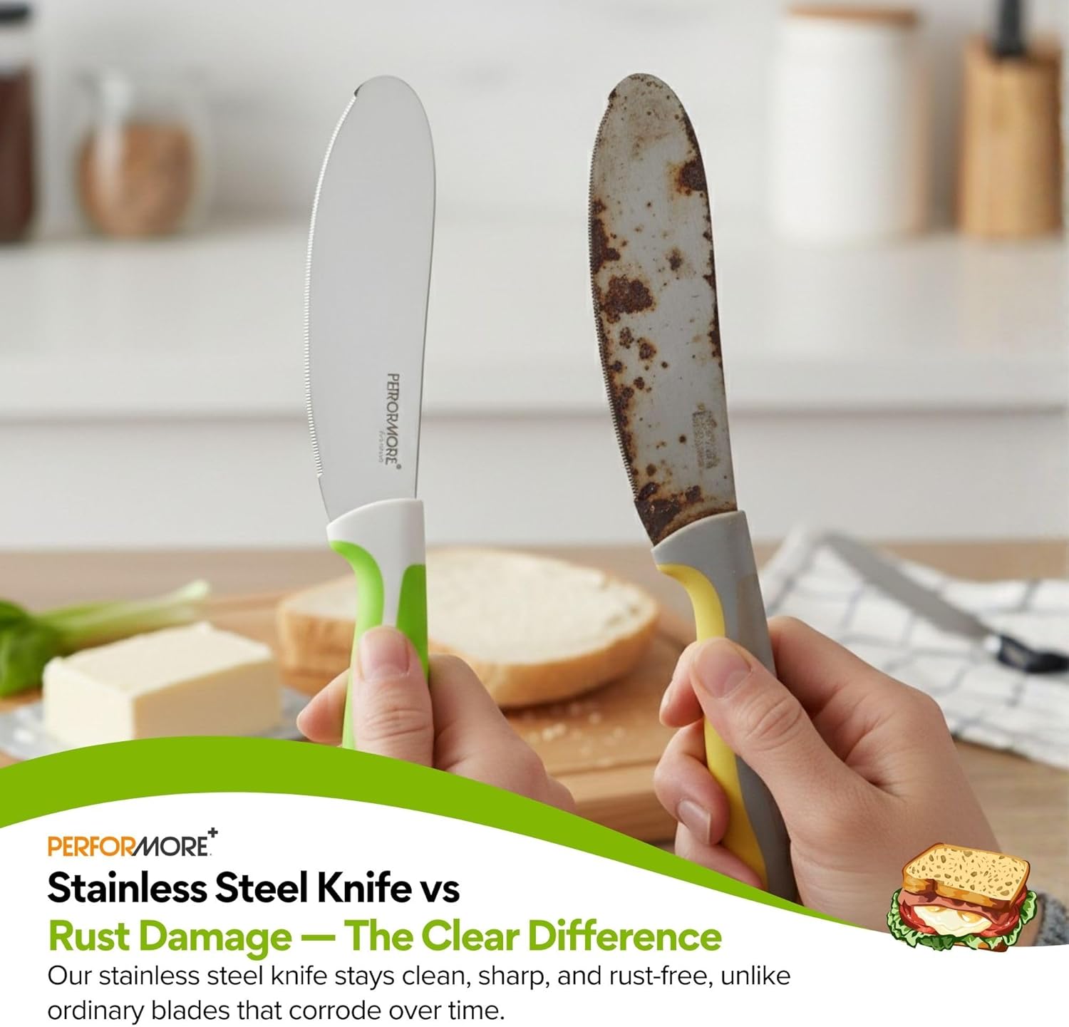 Performore Sandwich Knife – 4" Stainless Steel Blade, 1.5" Wide, 1.2mm Thick – Serrated Kitchen Knife for Sandwiches, Spreading & Slicing – Durable Bread, Bagel & Deli Knife