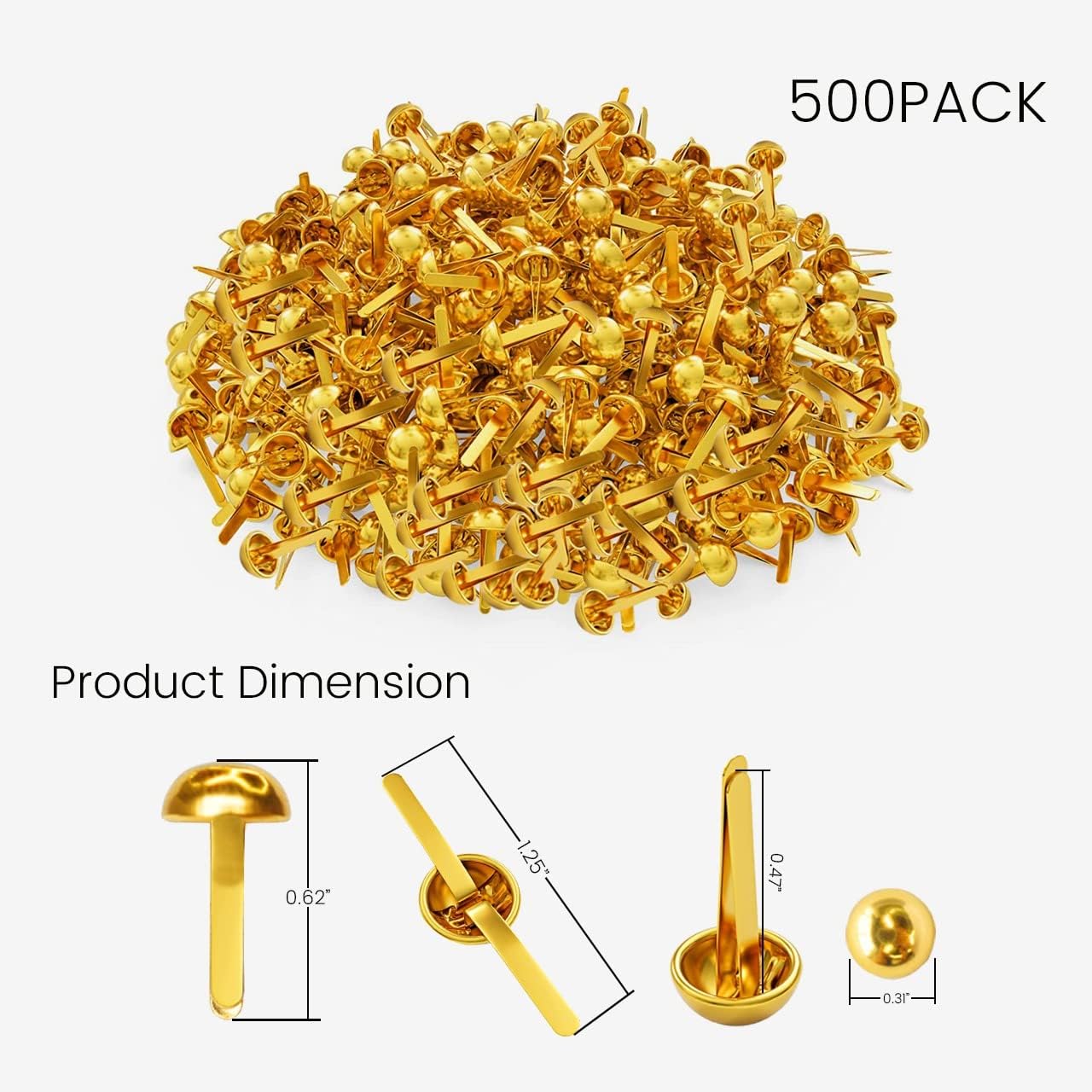 Performore 500 Pcs of 8mm x 16mm Brass Round Head Fastener, Brads for Arts and Crafts, Scrapbooking, Decorating and DIY Uses, Flexible Premium Size and Quality