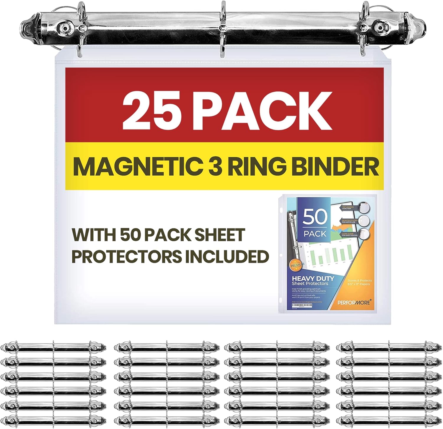 Magnetic 3 Ring Binder Locking Mechanism, 1 inch D Shaped Rings - 25 Pack, 50 Sheet Protectors Included