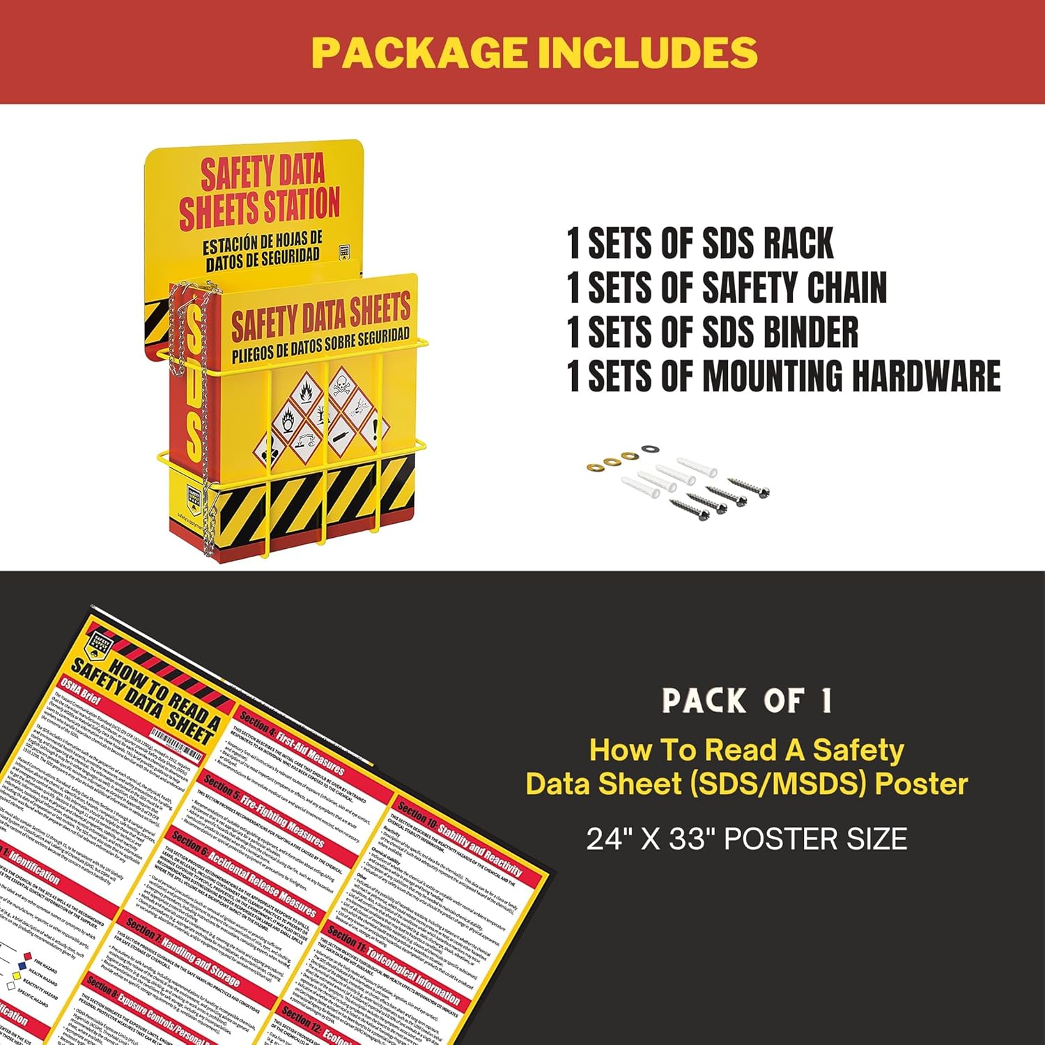 SDS Display Rack – Set with 3" Heavy Duty Ring Binder and Free SDS Poster