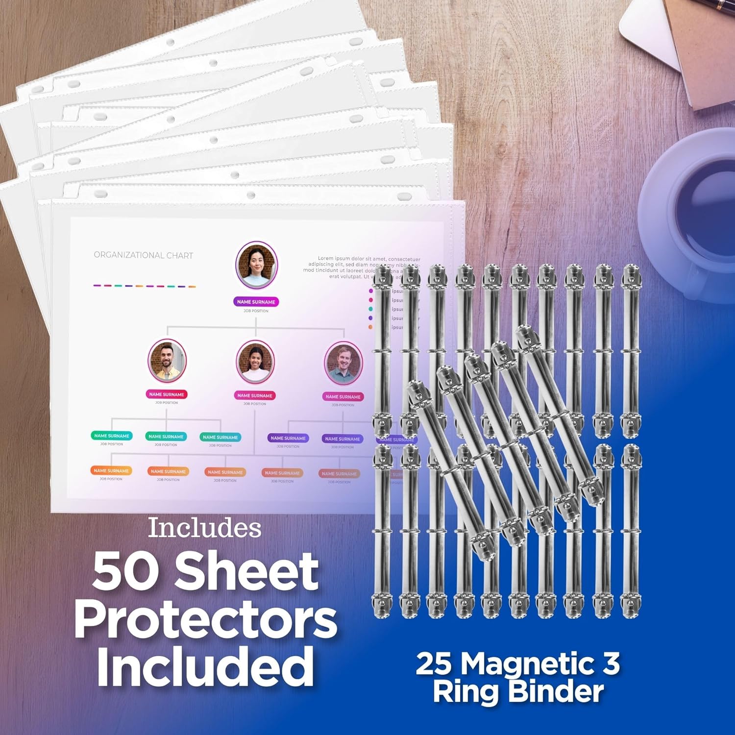 Magnetic 3 Ring Binder Locking Mechanism, 1 inch D Shaped Rings - 25 Pack, 50 Sheet Protectors Included