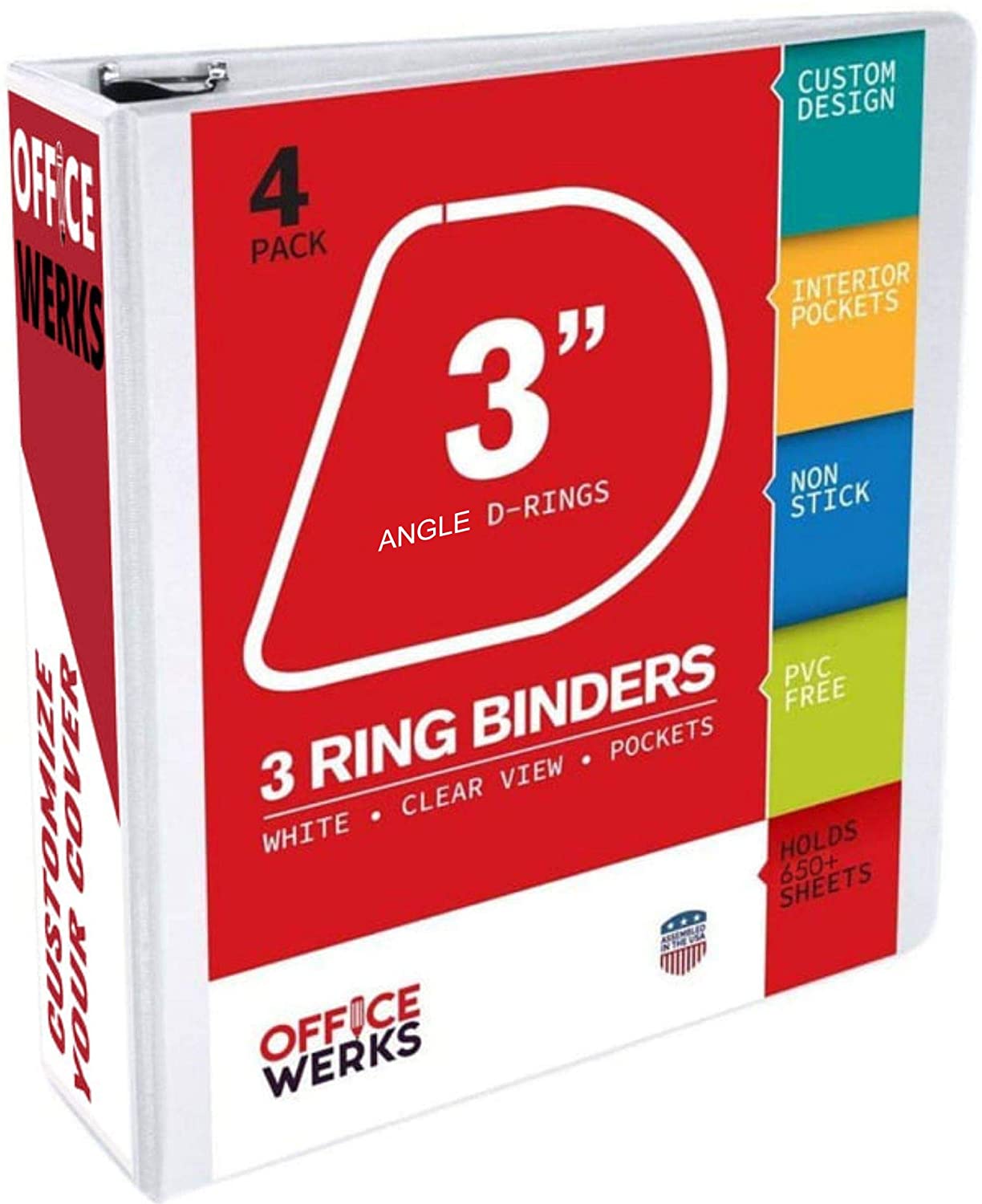 3 Ring Binder, 3 Inch Angle D-Rings, White, Clear View, Pockets, 4 Pack