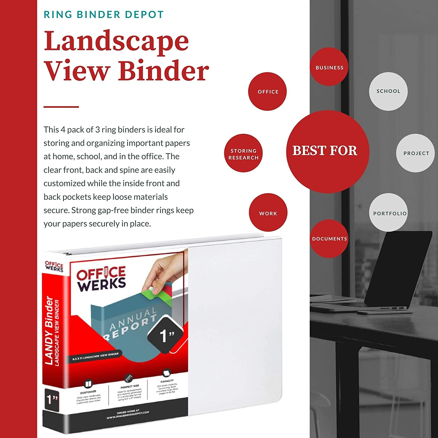 Landscape View Binder, 8.5" X 11", 1 Inch Round Ring, Back Mount, White - Pack of 4
