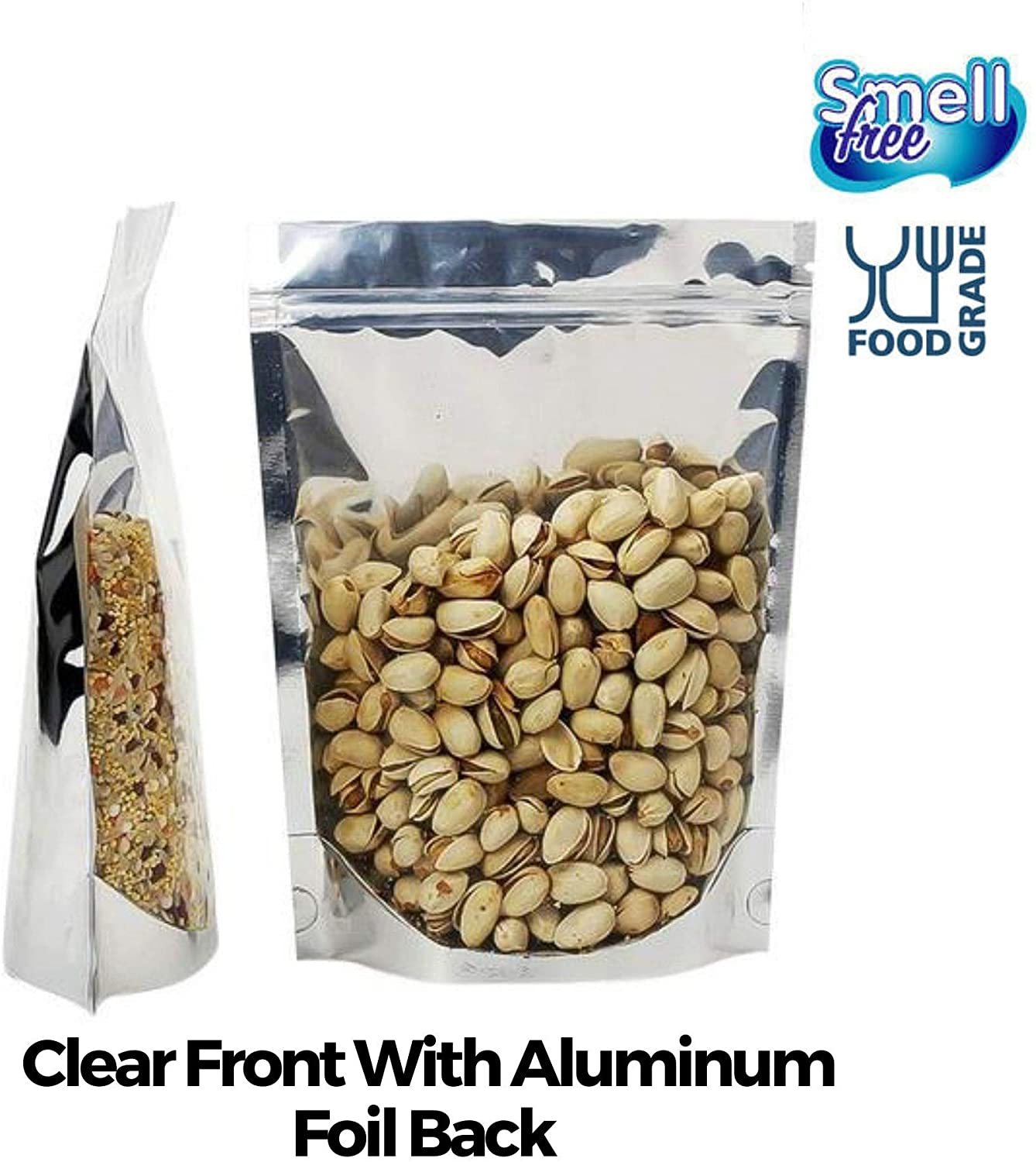 100 Pack - Stand Up Pouch Bags (6" x 9") - Clear Front with Aluminum Foil Back - Resealable Ziplock and Heat Sealable for Food Storage