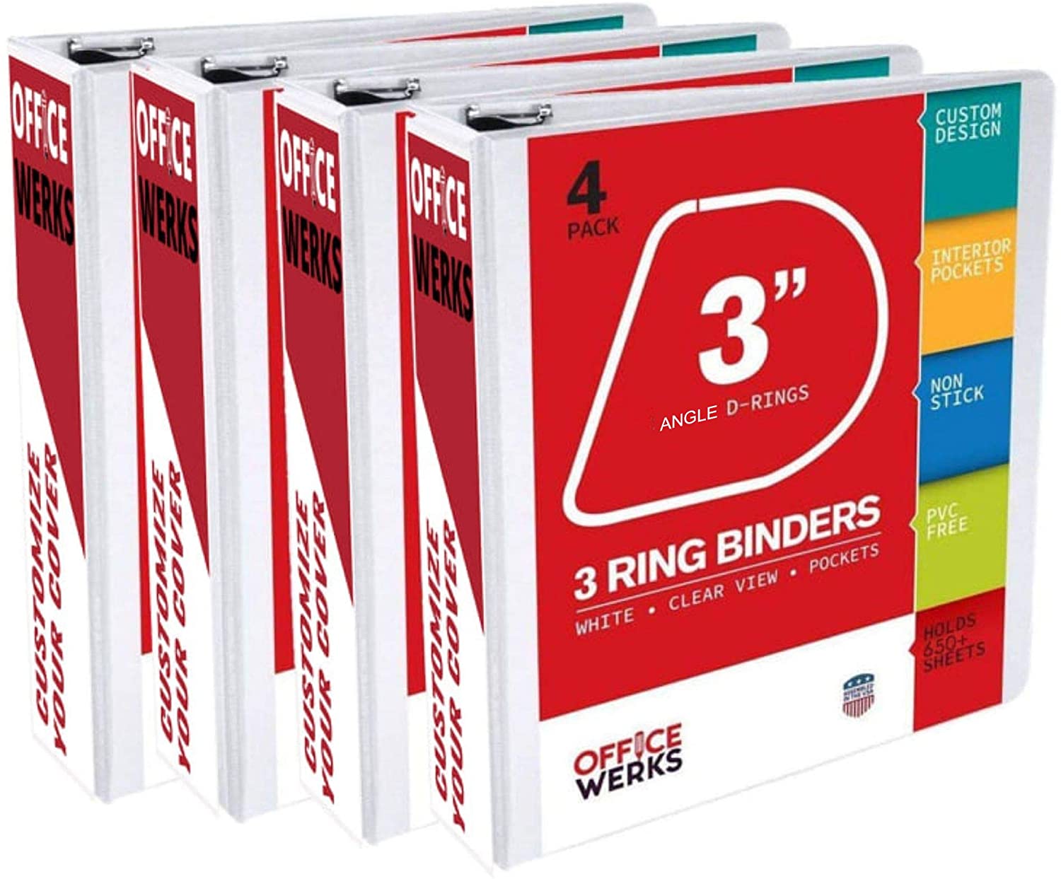 3 Ring Binder, 3 Inch Angle D-Rings, White, Clear View, Pockets, 4 Pack