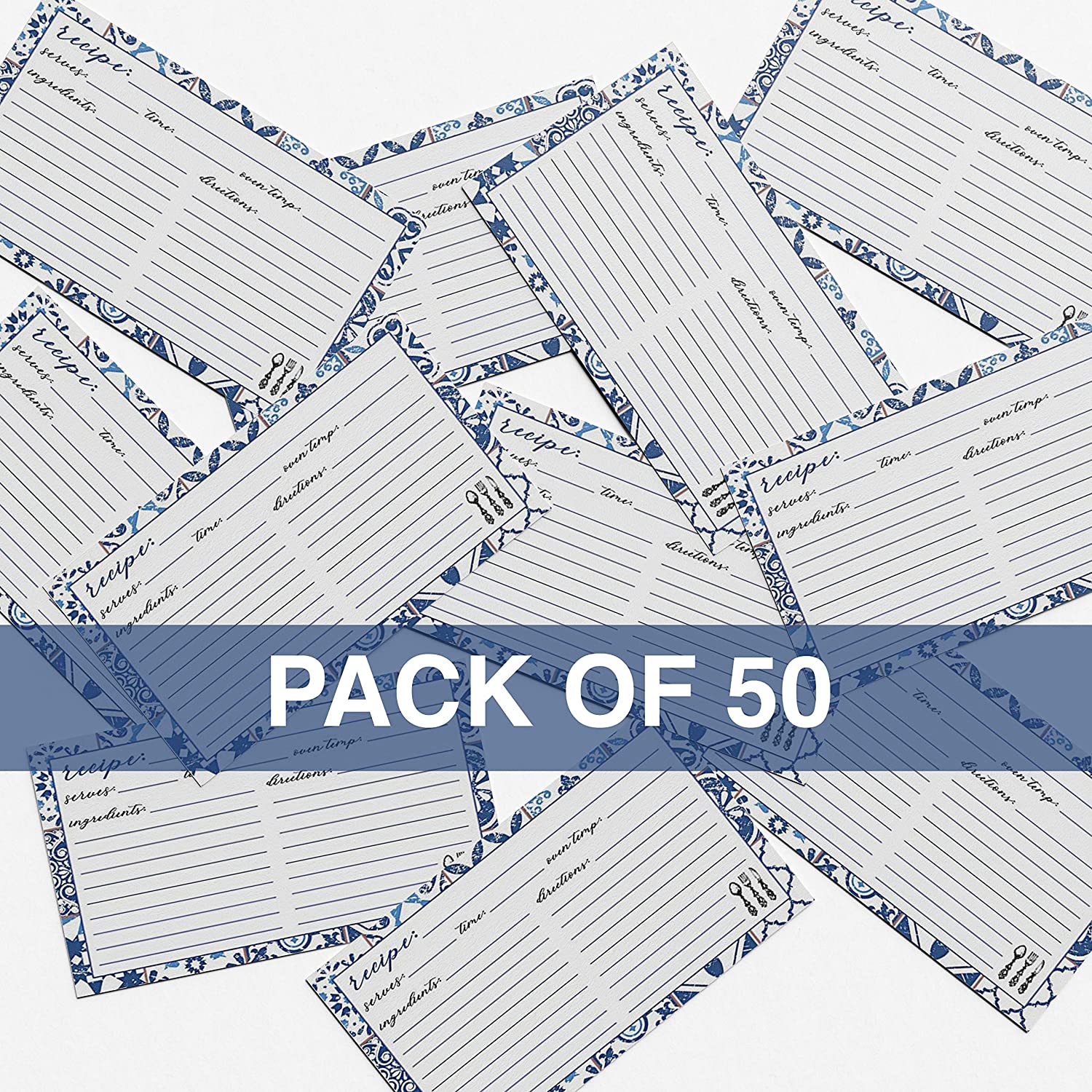 Blue and White  Recipe Cards - Pack of 50